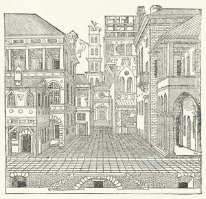 Design de palco do arquiteto italiano maneirista Sebastiano Serlio para uma comédia